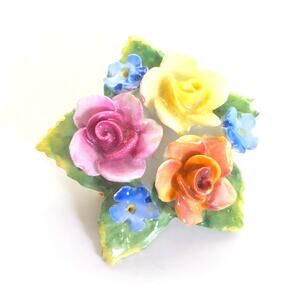 Vintage Artone English Bone China Hand Painted Cottage Romantic Floral Brooch
